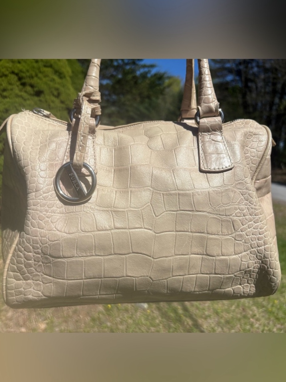 Furla Cream Croc-Embossed Leather Shoulder Bag